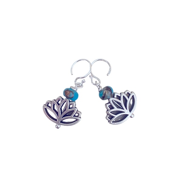 925 Sterling Silver Genuine Turquoise Siderolite Lotus Flower Dangle Earrings - Picture 1 of 4